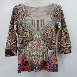 Vtg One World Fairycore Top Size PS Multicolor Rhinestone Embellished 3/4 Sleeve